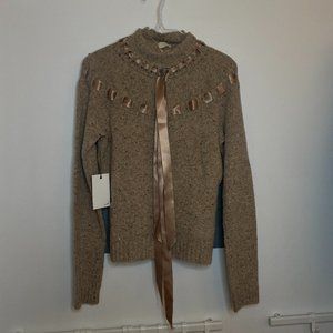 Valentino Tan Flecked Wool Sweater with Woven Ribbons